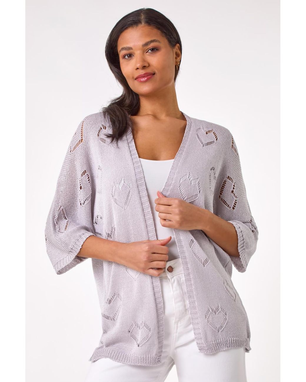Roman White Pointelle Heart Knit Cardigan