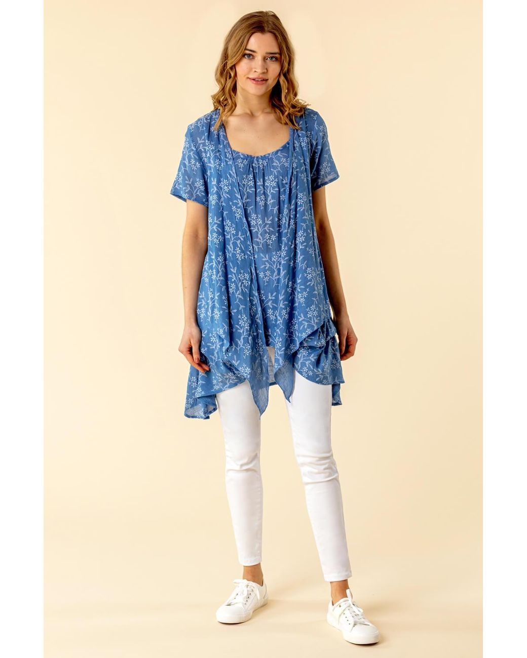 Roman Blue Floral Print Crinkle Tunic Top