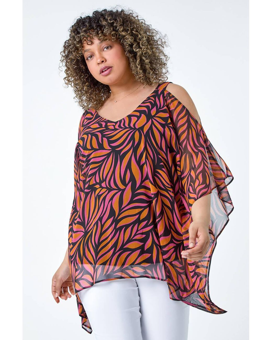 Roman Curve Red Printed Chiffon Cold Shoulder Top