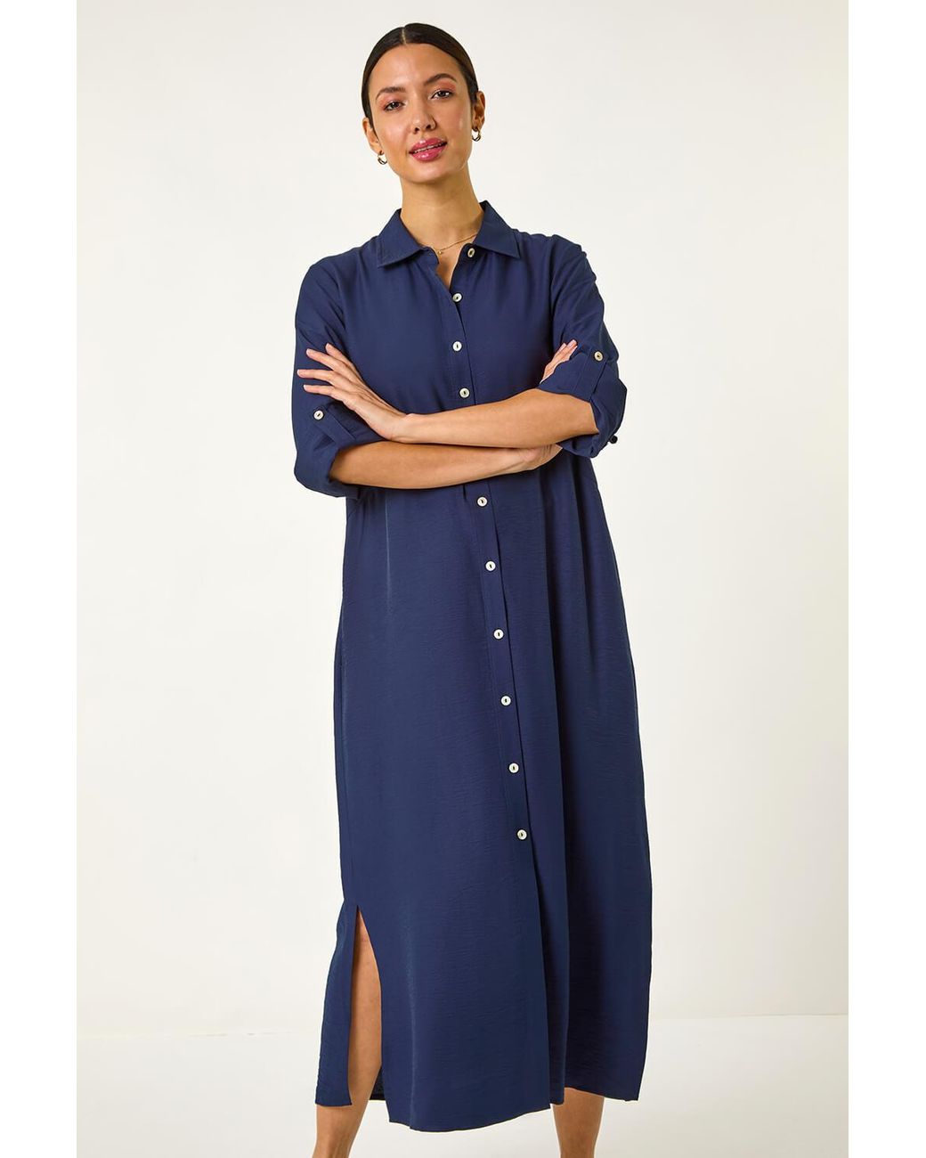 Roman Blue Button Through Shirt Midi Dress