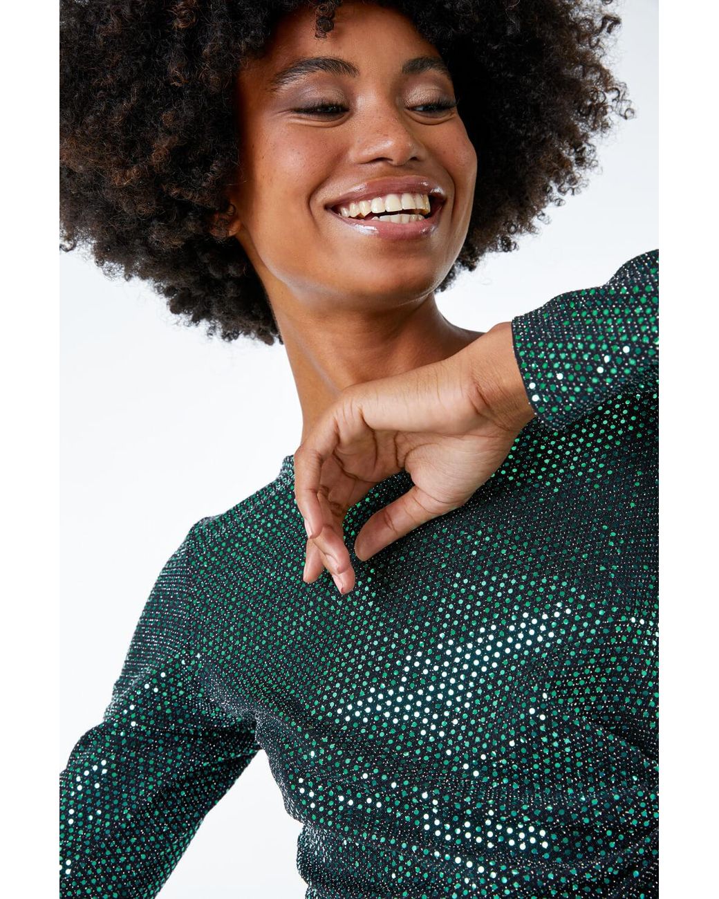 Roman Green Sequin Ruched Waist Jersey Top