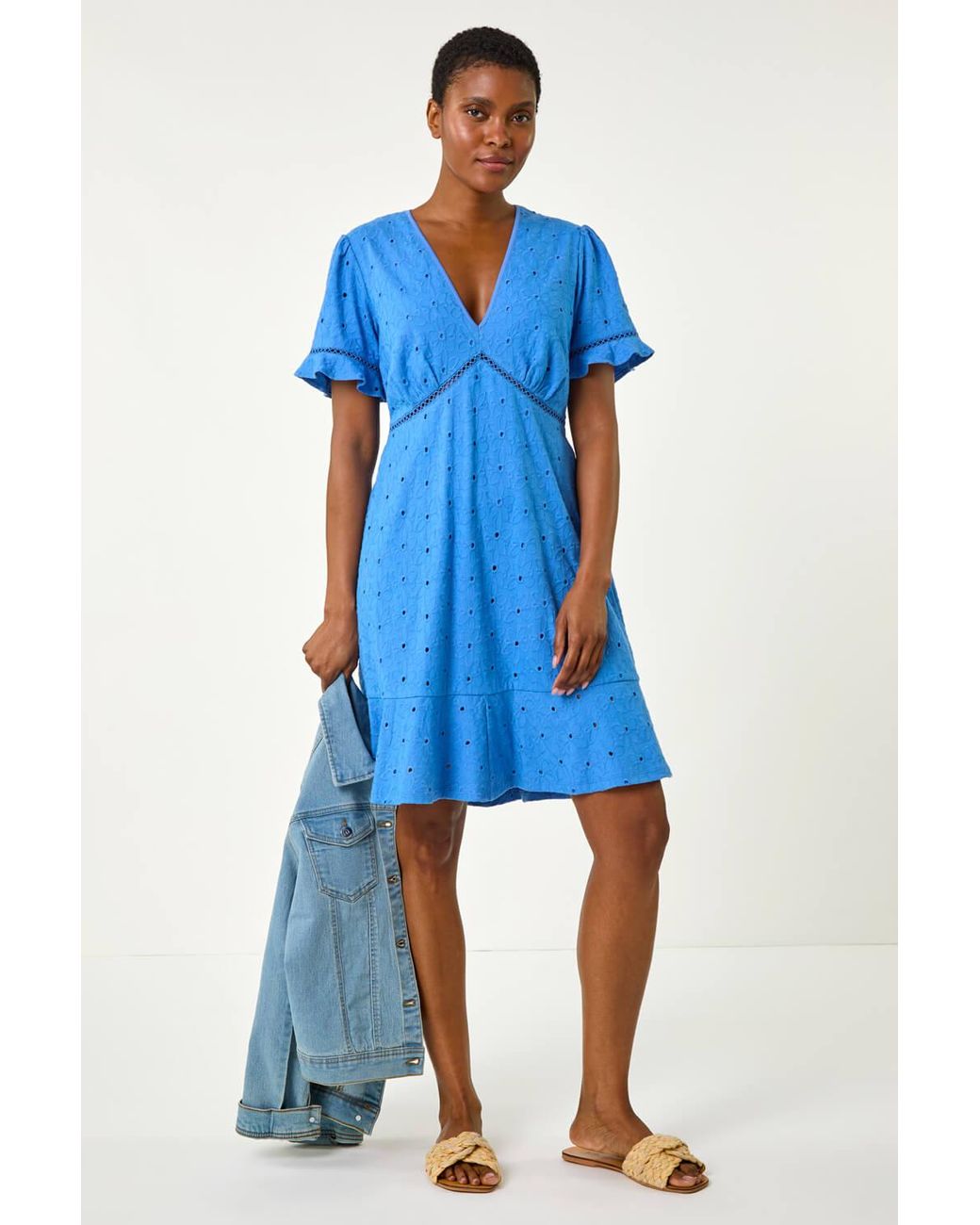Roman Blue Broderie Cotton Stretch Jersey Frill Dress
