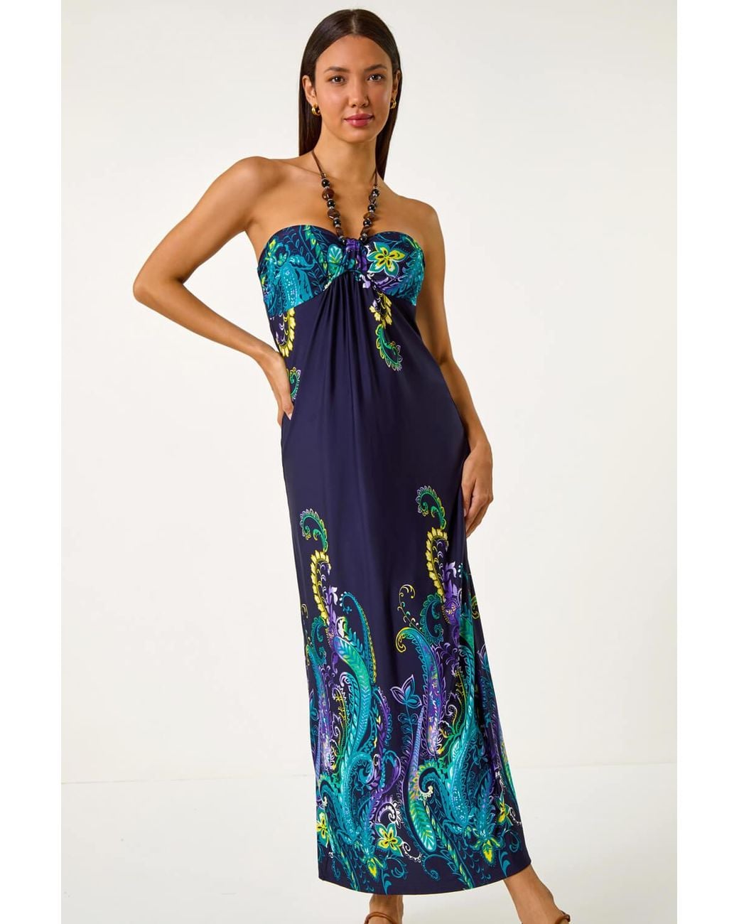 Roman Blue Paisley Beaded Necklace Bandeau Maxi Dress