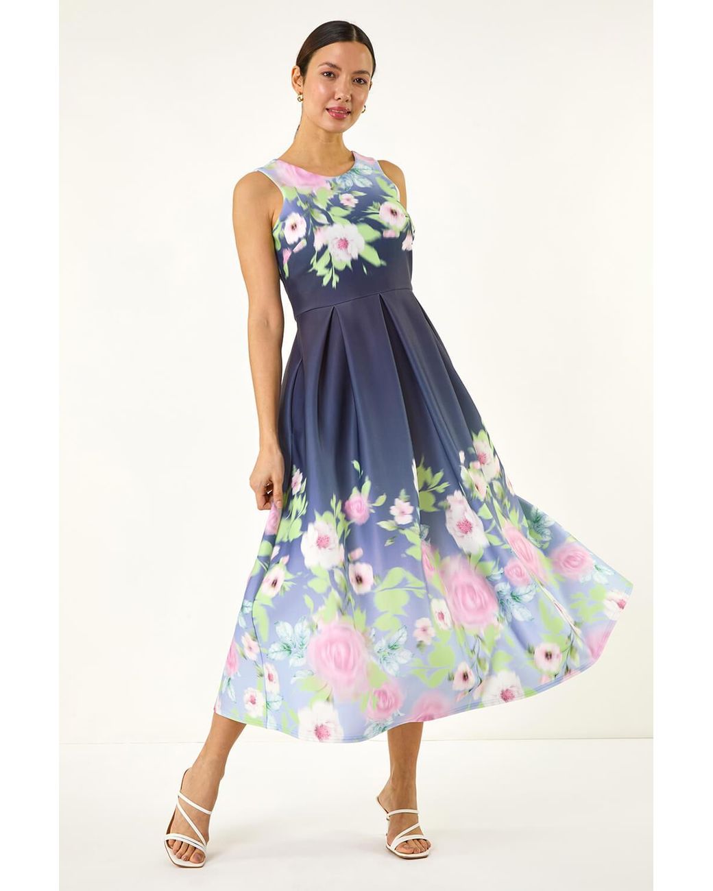Roman Blue Floral Print Border Premium Stretch Midi Dress