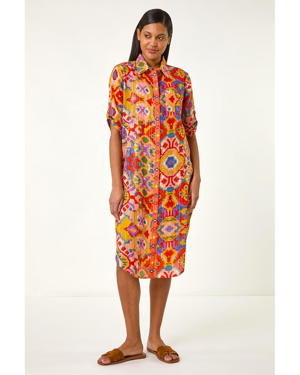 Roman Orange Ikat Button Shirt Dress