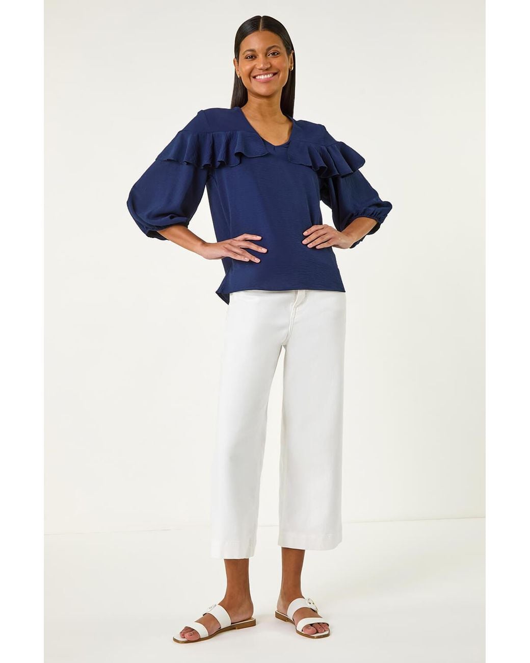 Roman Blue Frill Front Woven Top