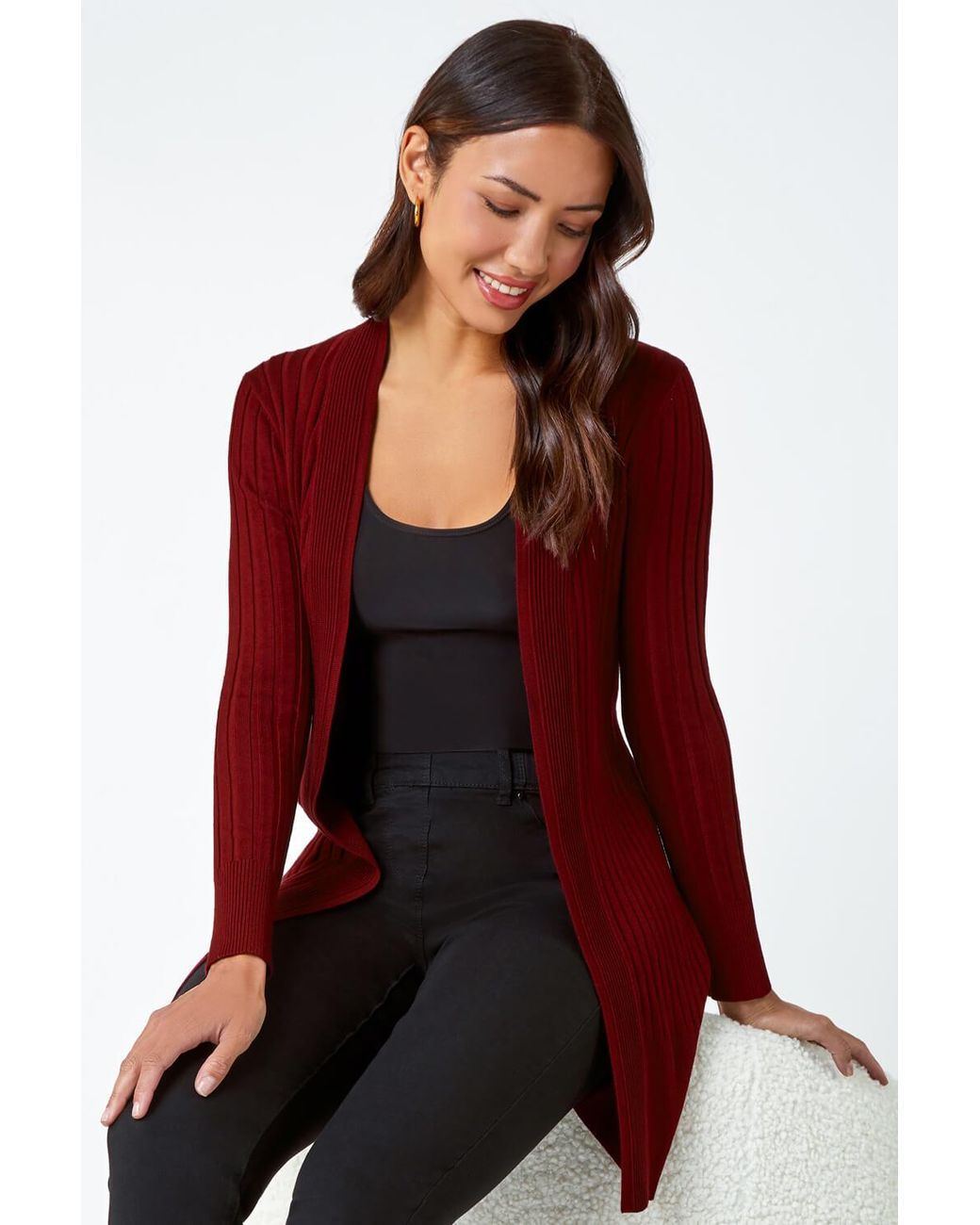 Roman Red Longline Stretch Ribbed Cardigan
