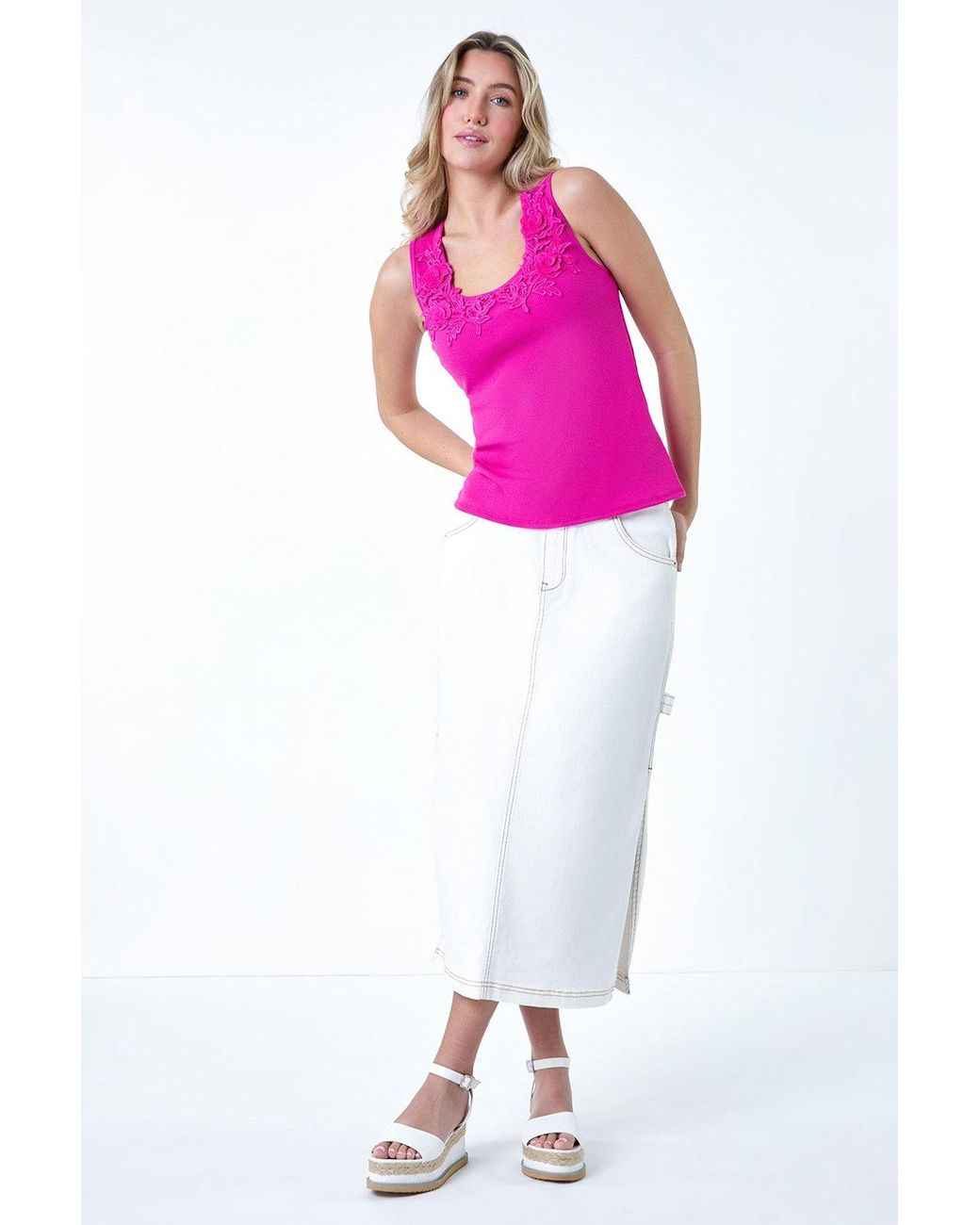 D.u.s.k Pink Floral Lace Trim Stretch Vest Top