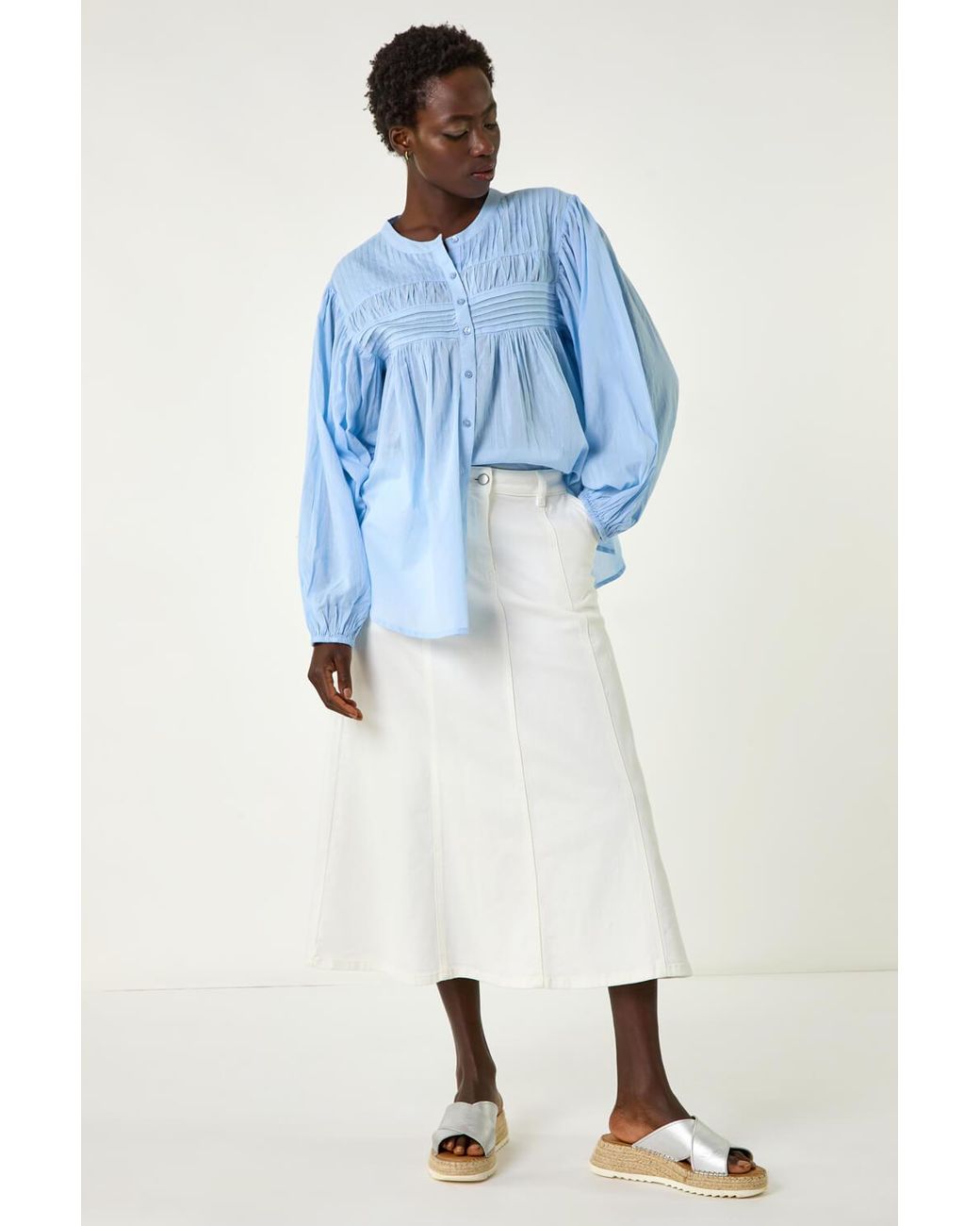 Roman Blue Cotton Denim Panelled Midi Skirt