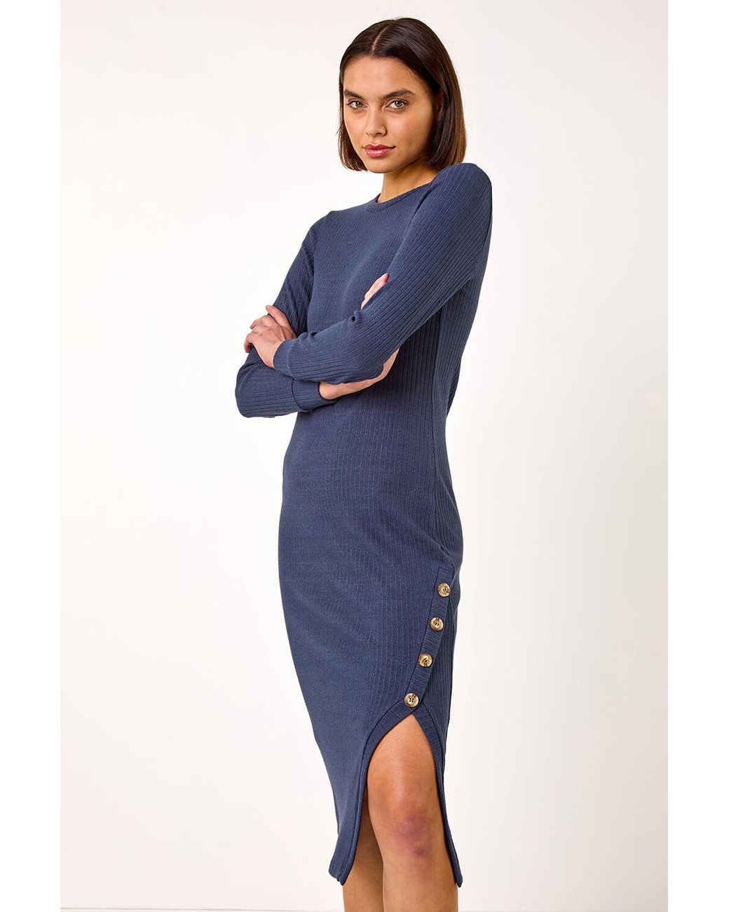Roman Blue Ribbed Button Detail Midi Dress