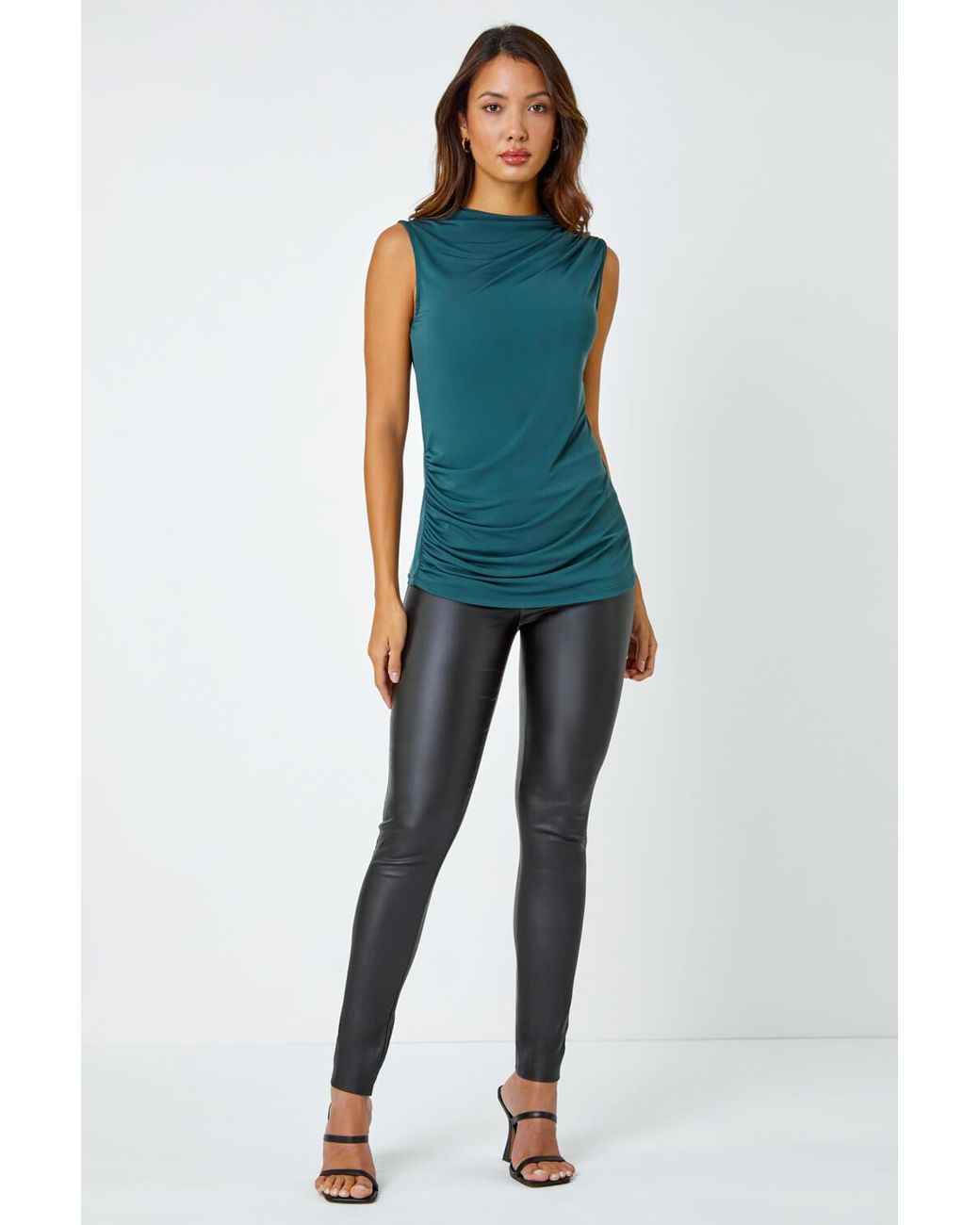Roman Blue Sleeveless Ruched Stretch Top