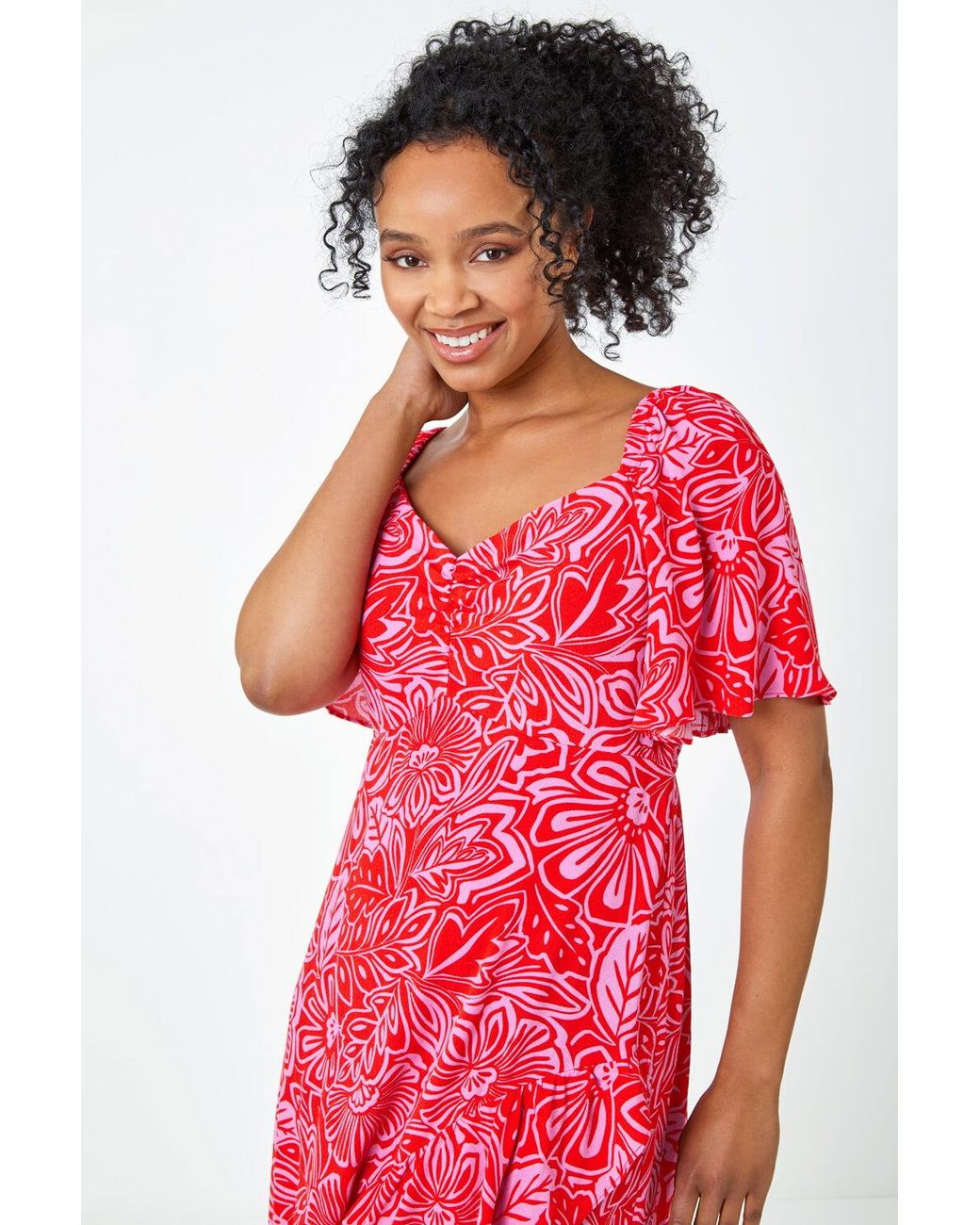Roman Petite Red Floral Print Ruched Midi Dress