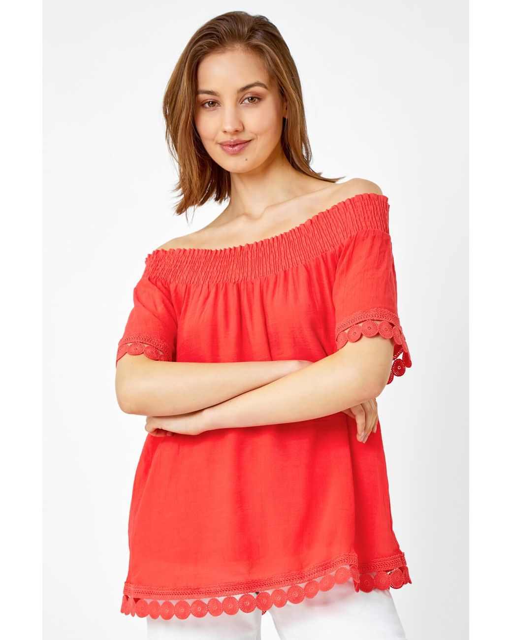 Roman Lace Detail Shirred Bardot Top