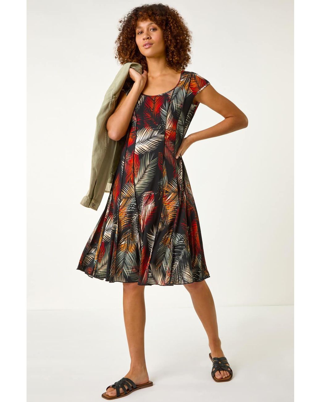 Roman Green Palm Print Panel Detail Stretch Dress