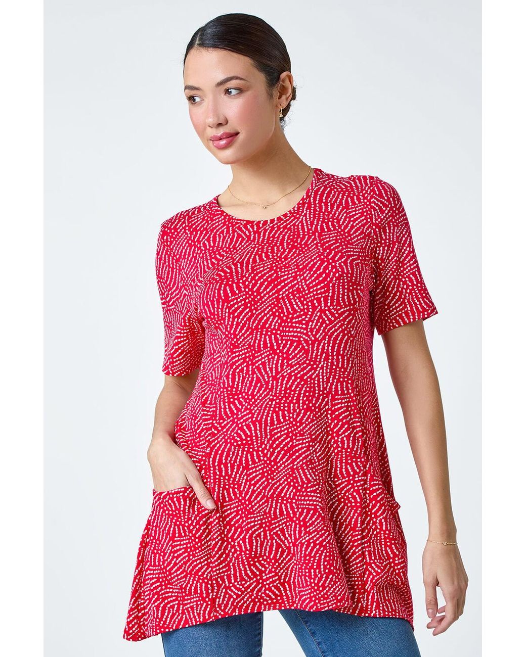 Roman Red Abstract Print Pocket Tunic Top