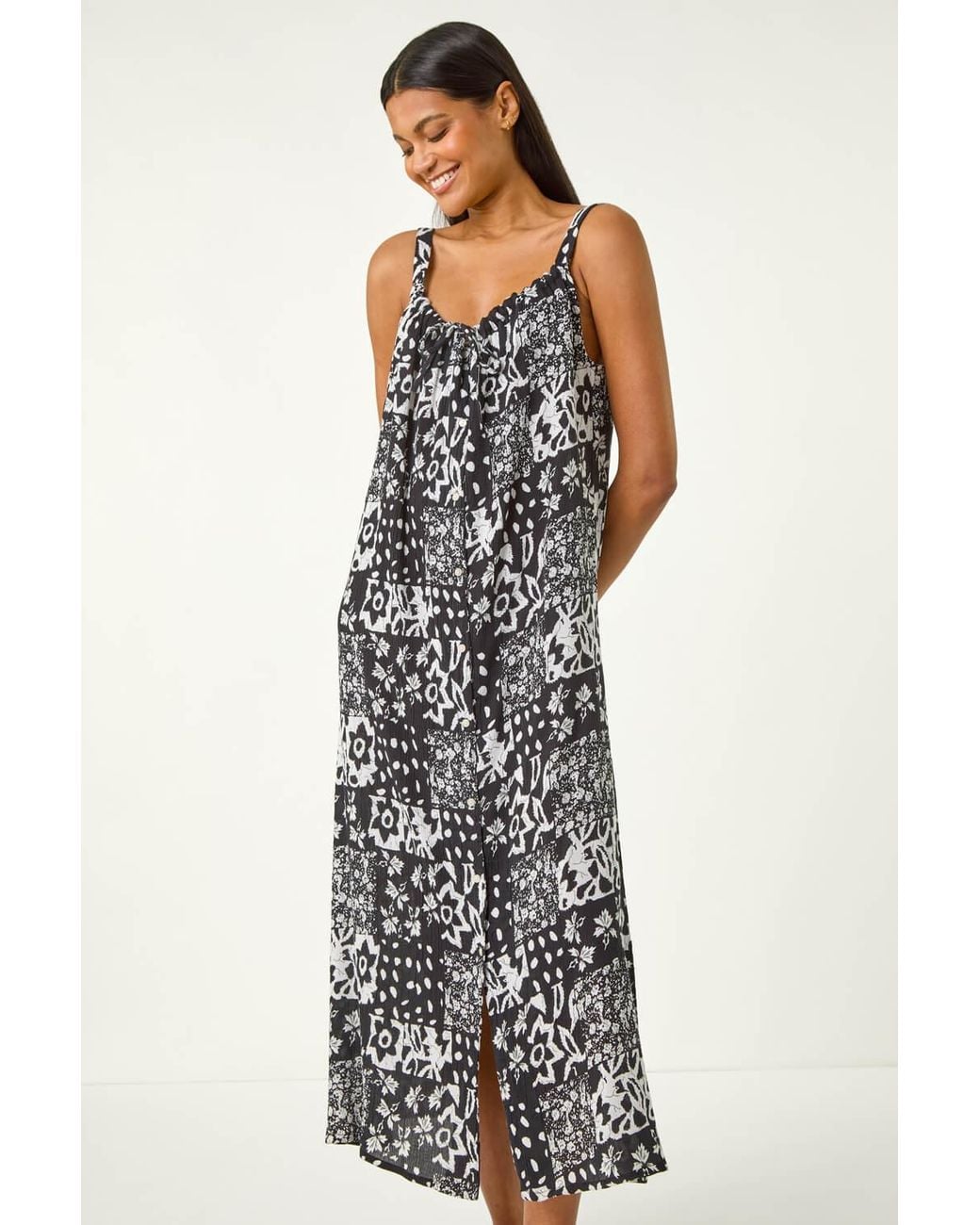 Roman Black Abstract Gathered Strappy Midi Dress