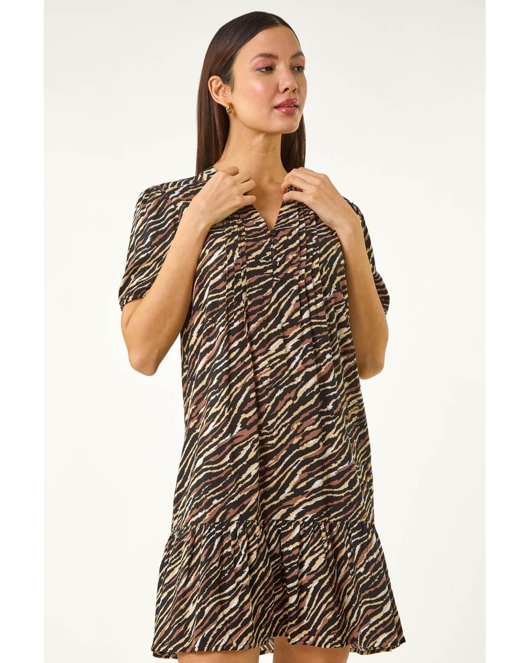 Roman Black Animal Print Pintuck Smock Dress