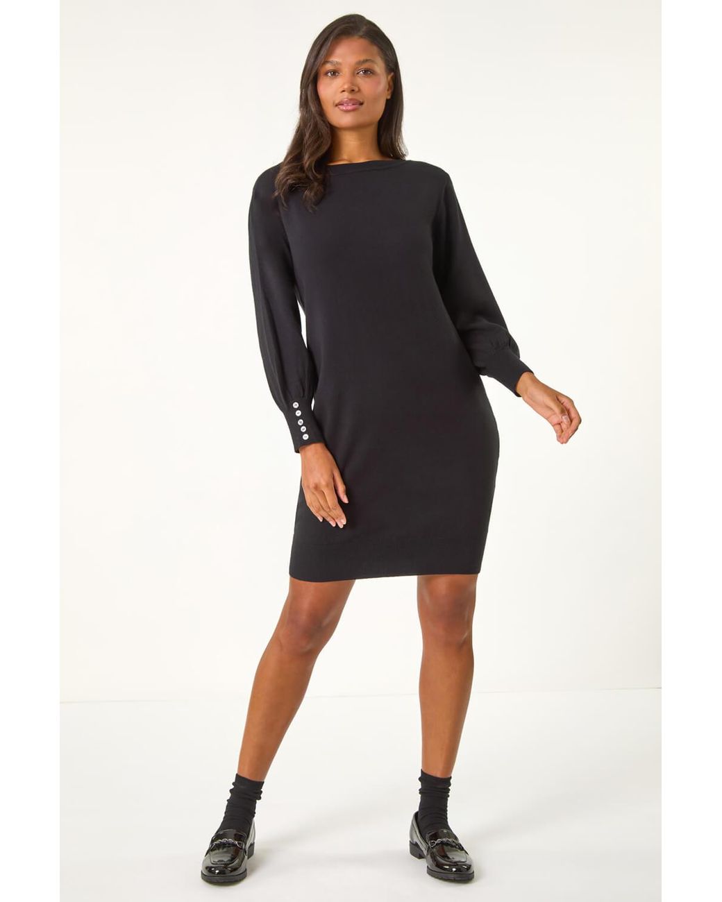 Roman Black Button Detail Slash Neck Knitted Stretch Dress