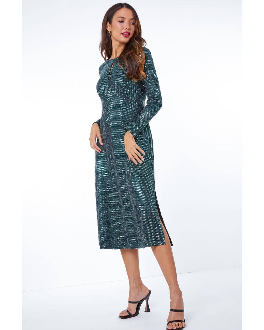 Roman Blue Sequin Keyhole Detail Ruched Midi Dress