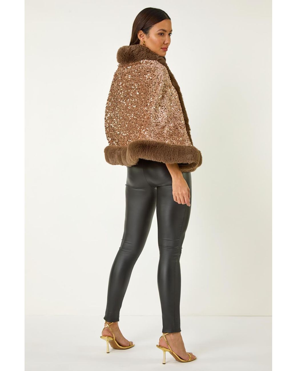 Roman Natural Embellished Faux Fur Trim Cape