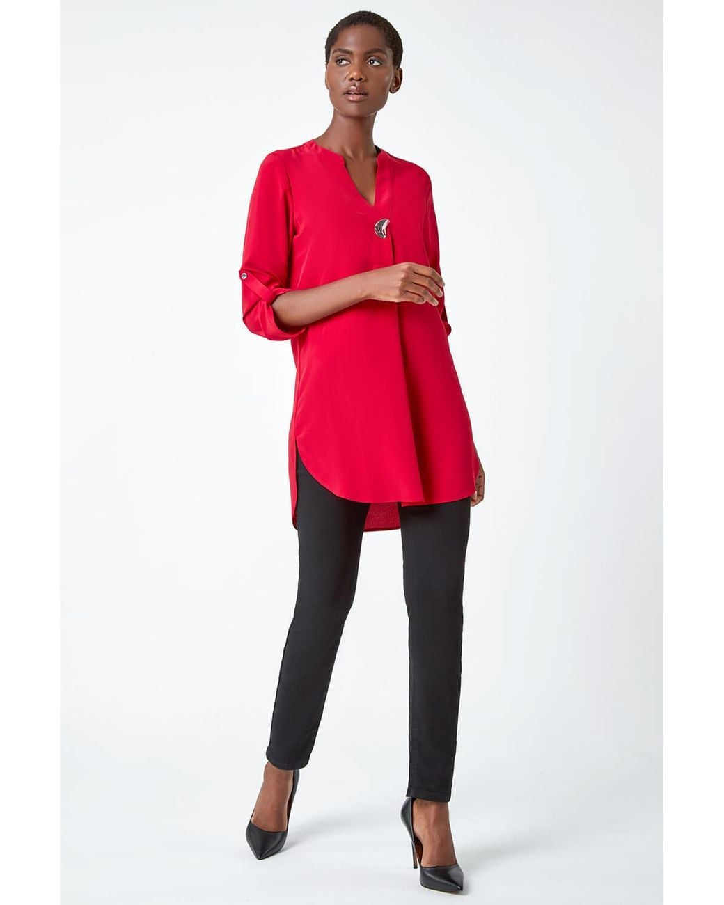 Roman Red Longline Button Detail V-Neck Blouse