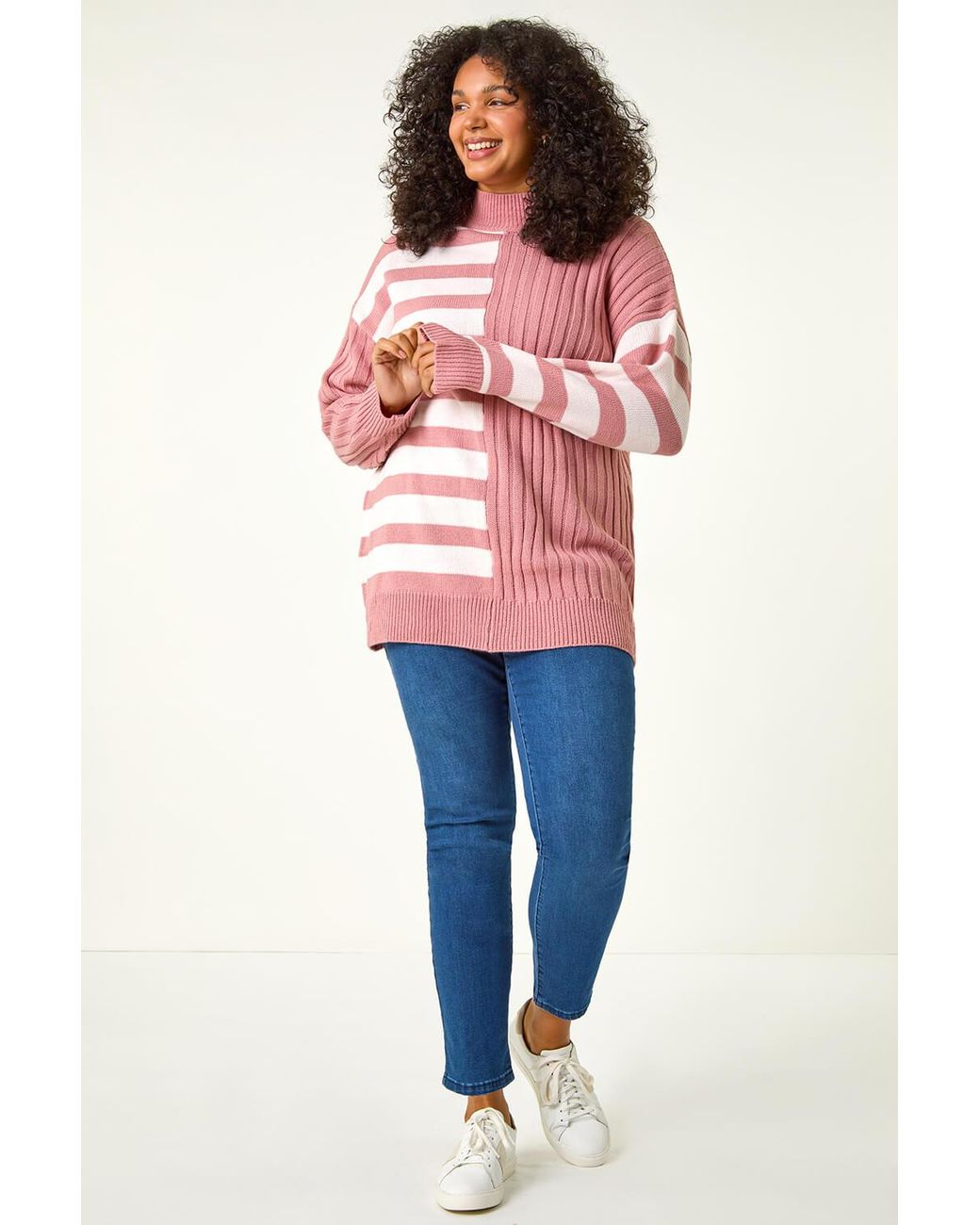 Roman Curve Pink Contrast Stripe High Neck Jumper