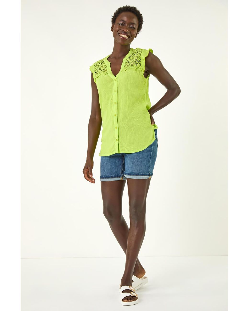 Roman Green Sleeveless Lace Detail Blouse