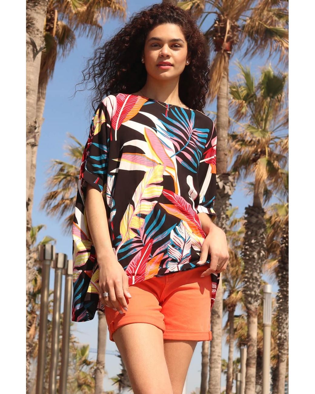 Roman Blue Tropical Print Button Back Top