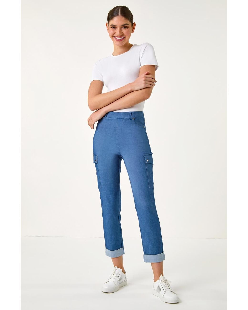 Roman Blue Turn Up Stretch Cargo Trousers
