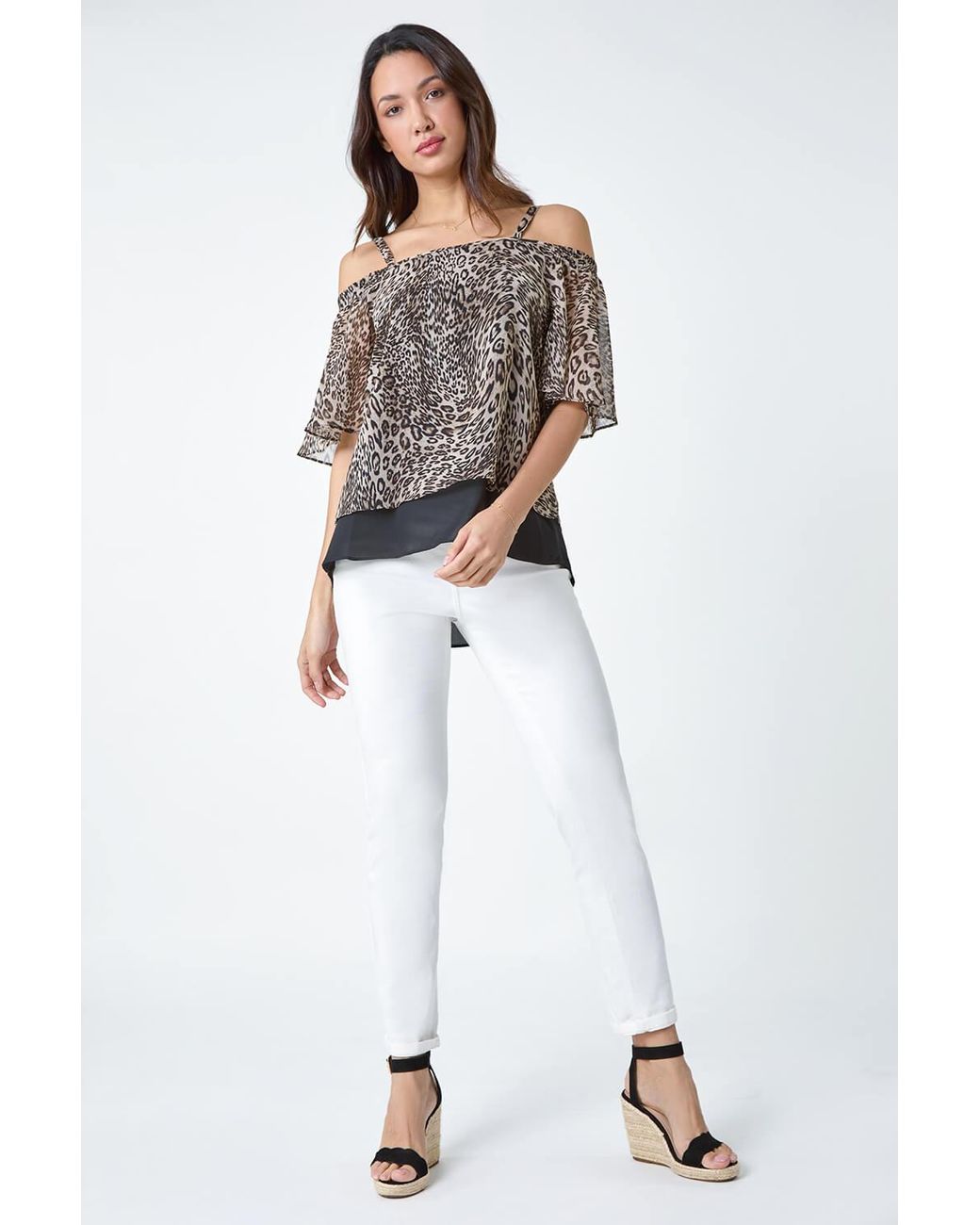 Roman Brown Cold Shoulder Animal Print Chiffon Top