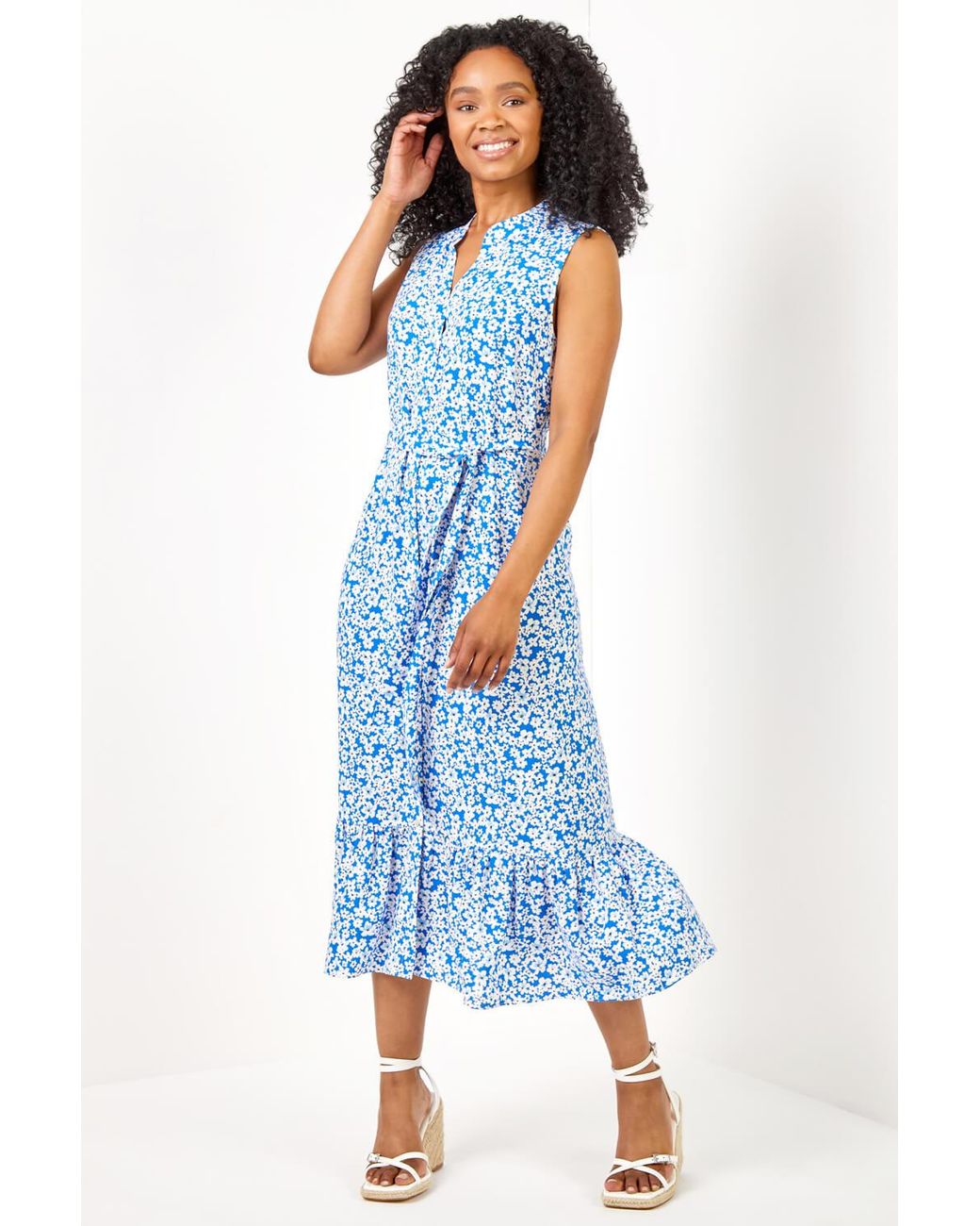 Roman Petite Blue Ditsy Floral Print Frill Tiered Dress