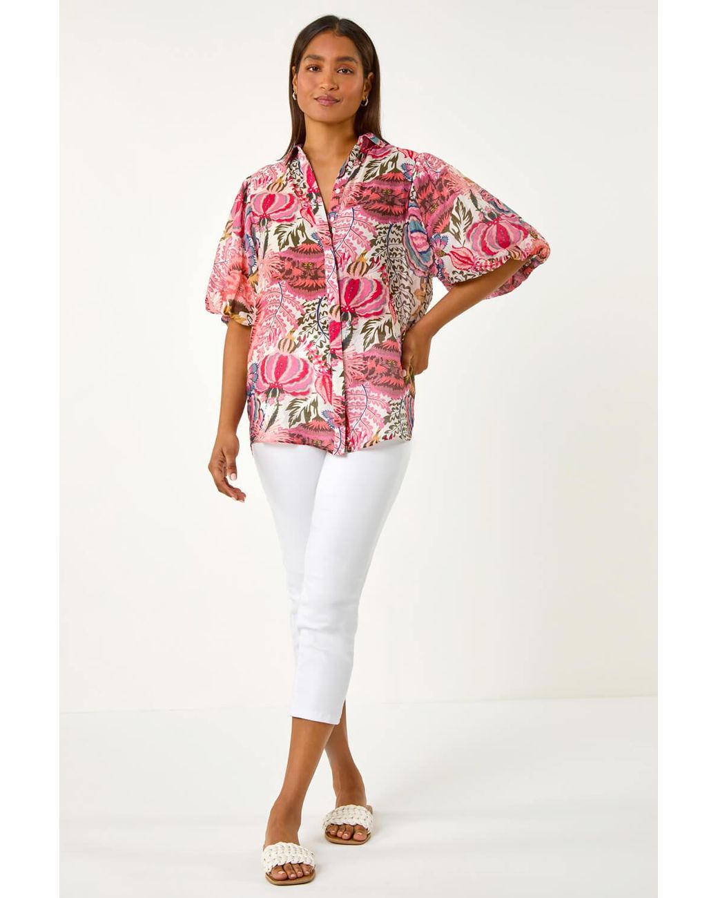 Roman Red Floral Leaf Print Puff Sleeve Shirt