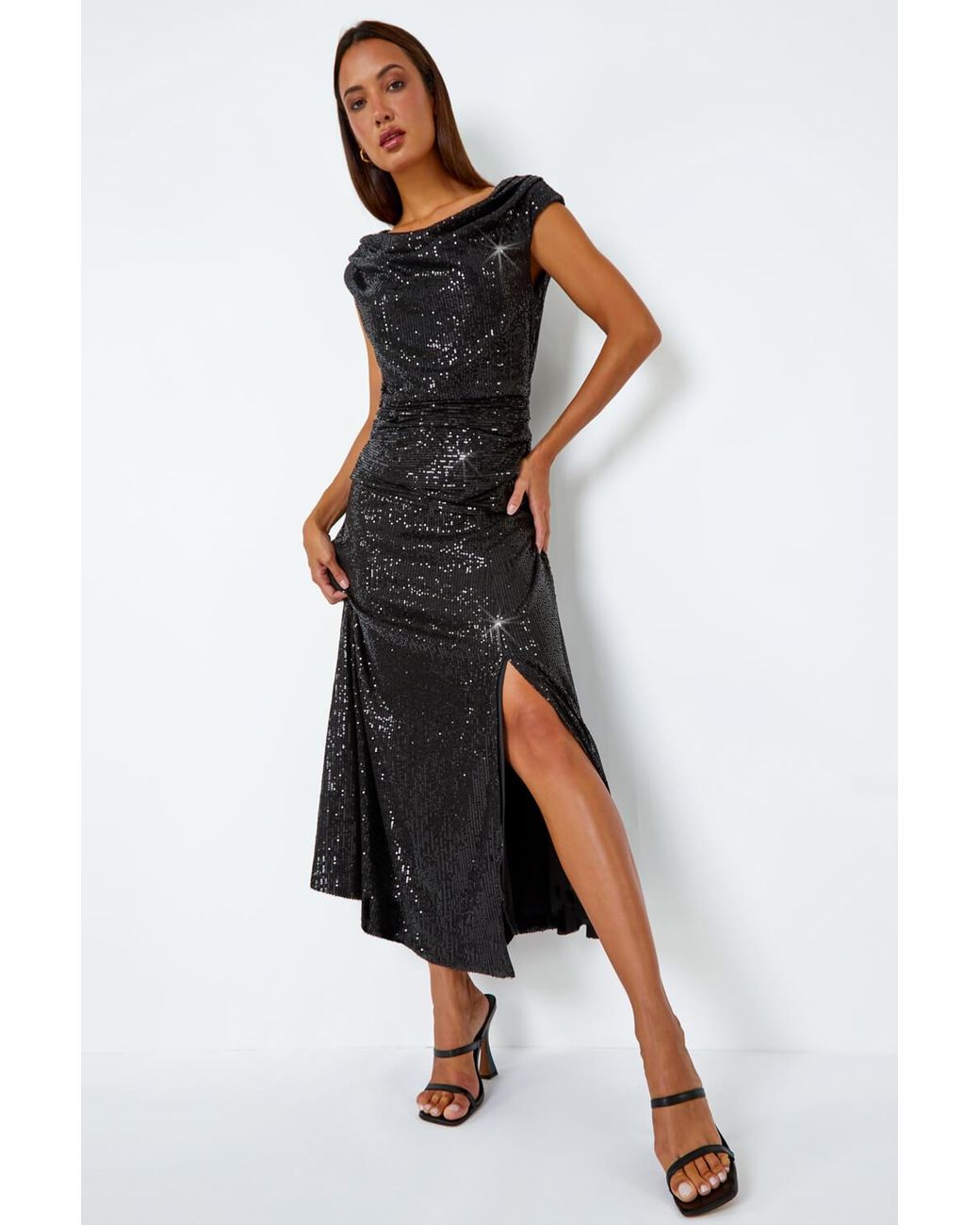 Roman Black Sequin Cowl Neck Maxi Stretch Dress
