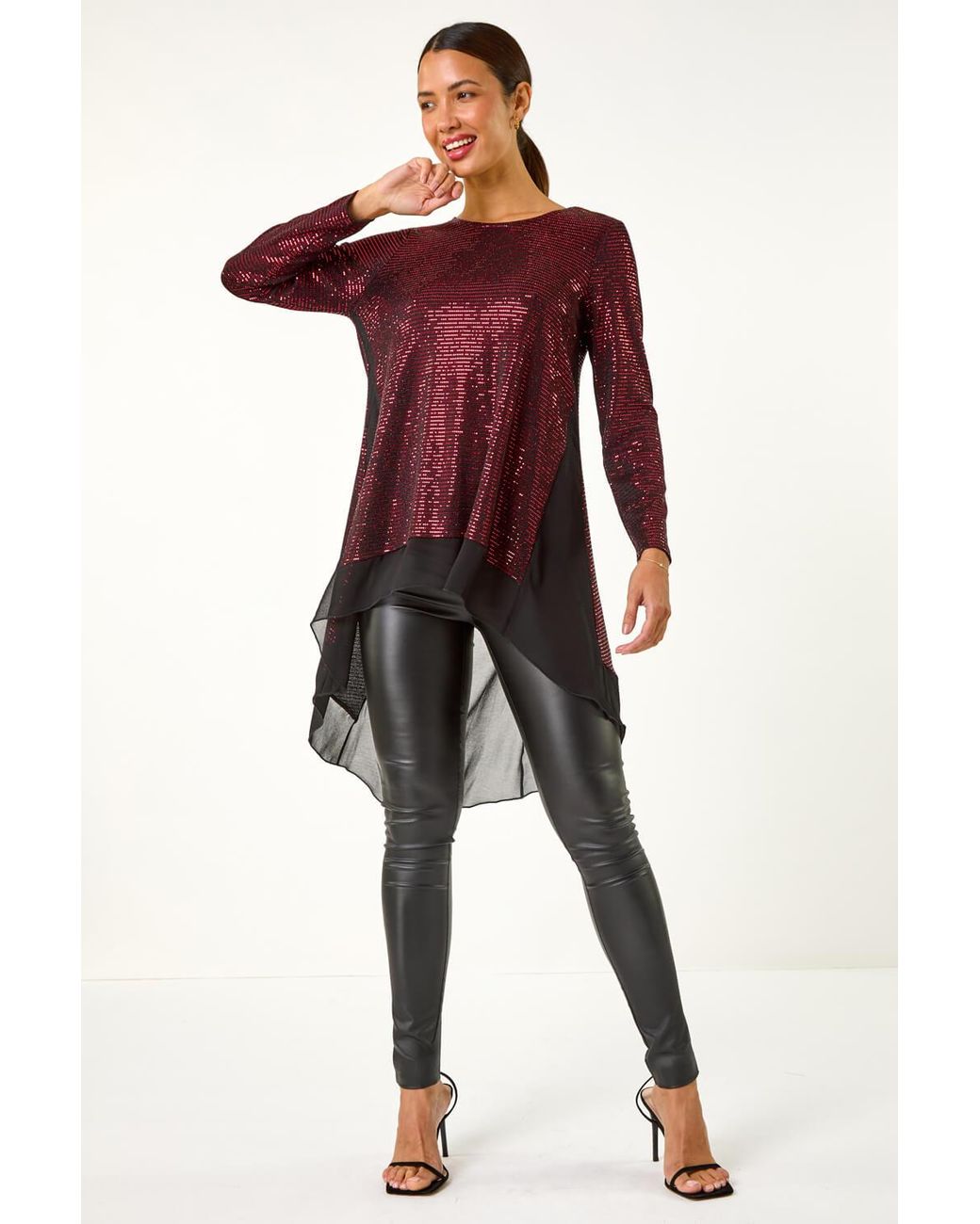 Roman Red Chiffon Hem Sequin Stretch Tunic Top