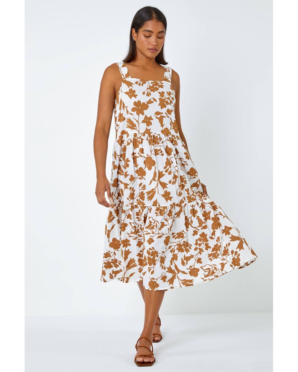 Roman Multicolor Sleeveless Cotton Floral Midi Dress