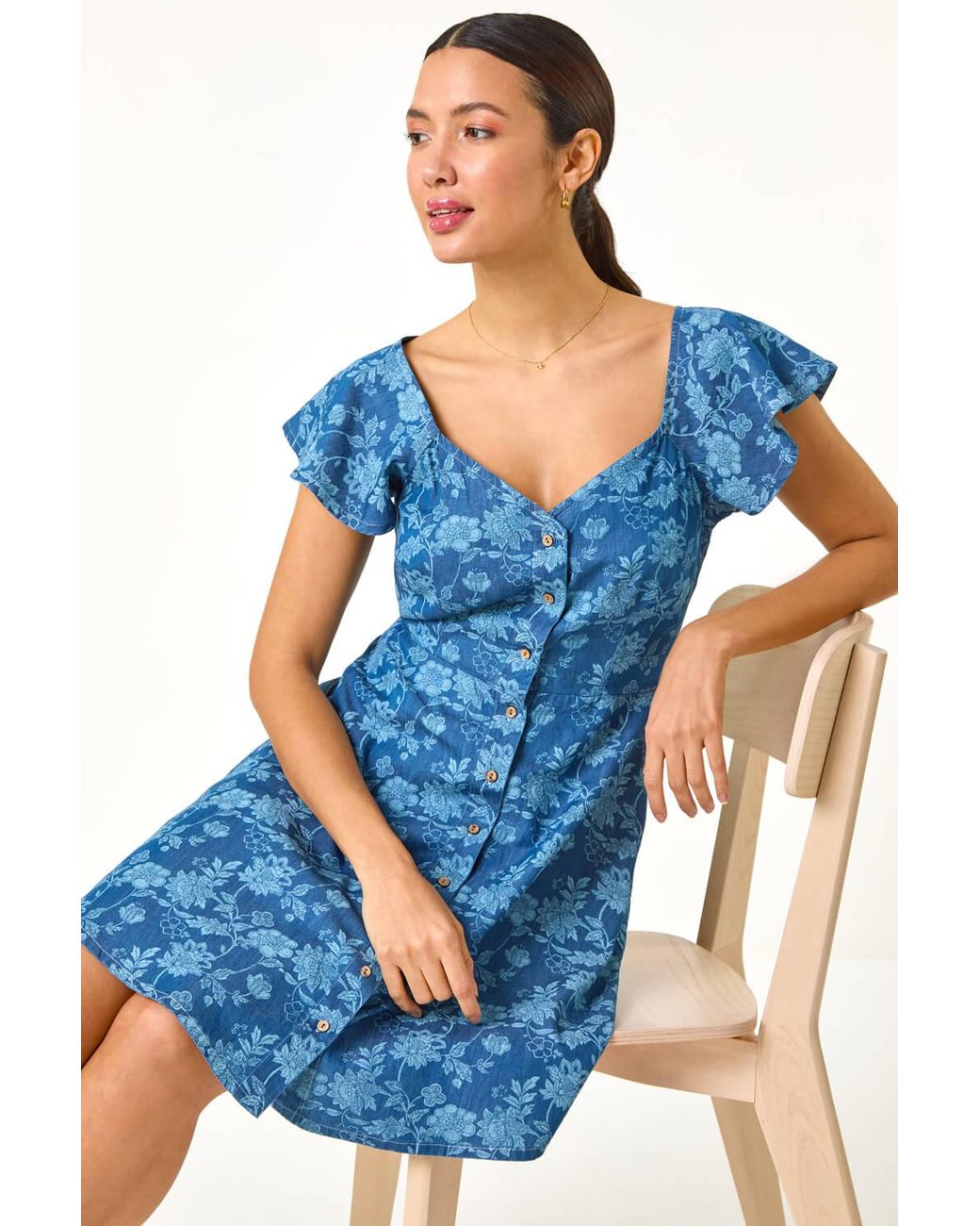 Roman Blue Denim Print Buttoned Mini Dress
