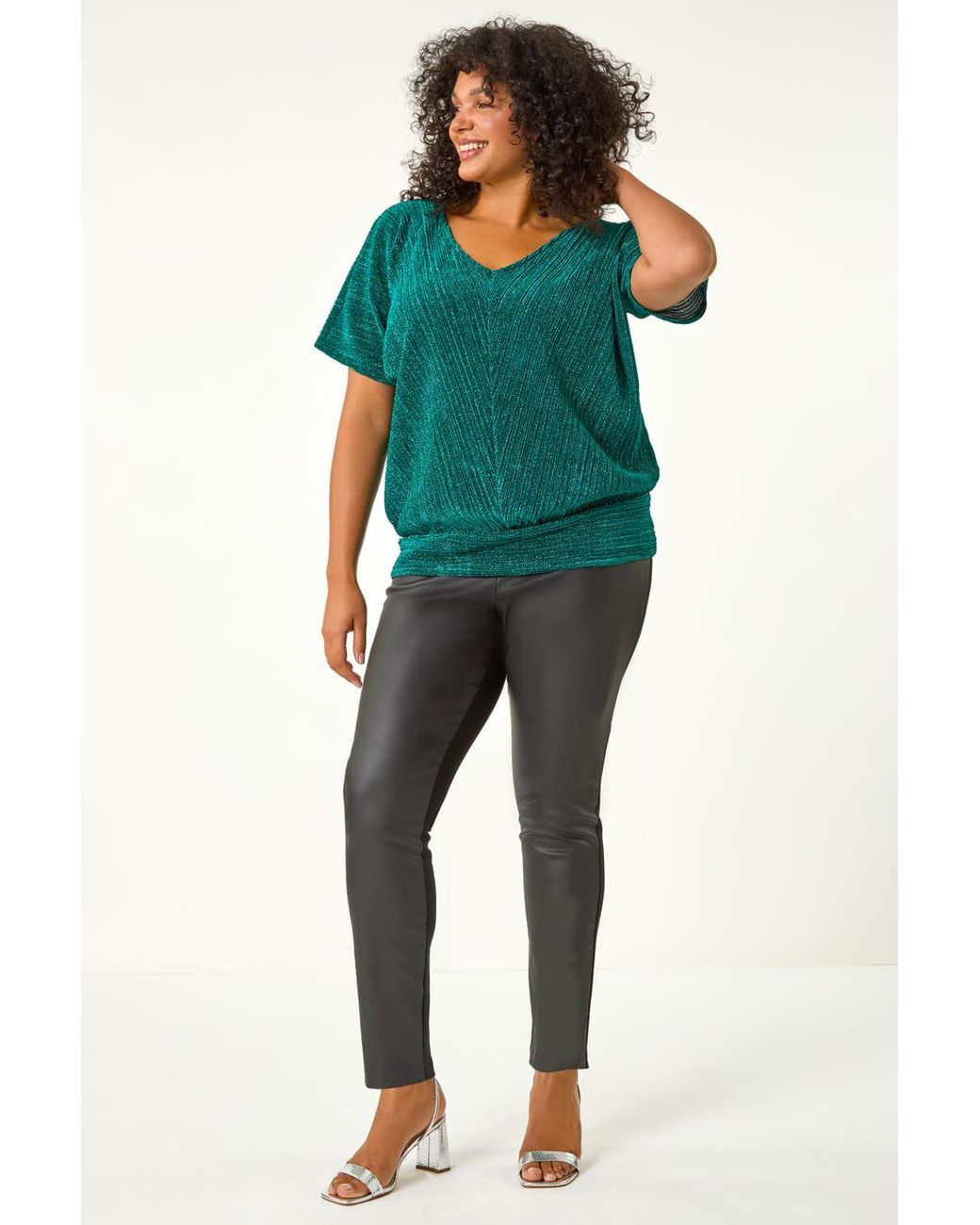 Roman Curve Green Metallic Plisse Banded Top