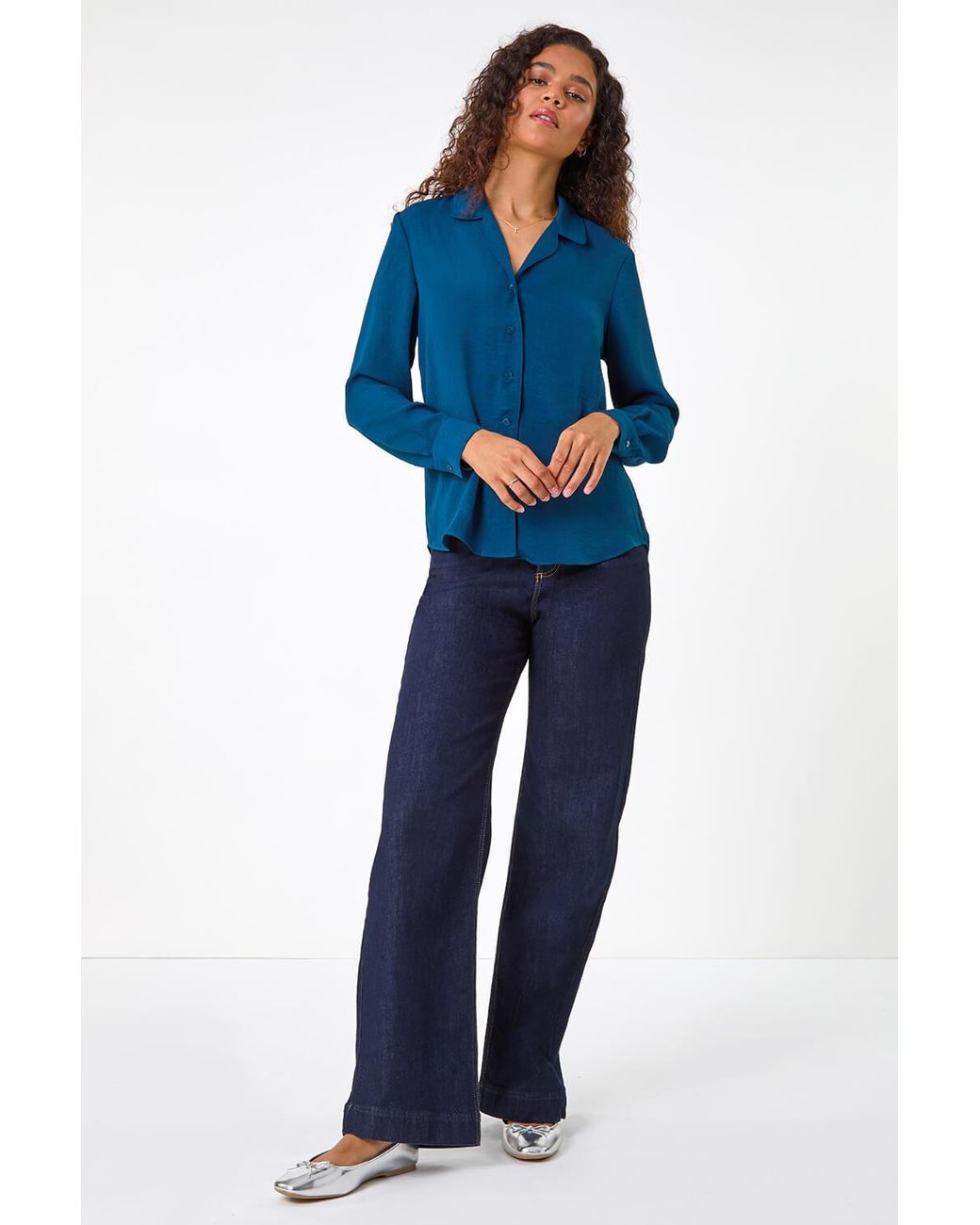 Roman Blue V-Neck Collar Button Detail Blouse