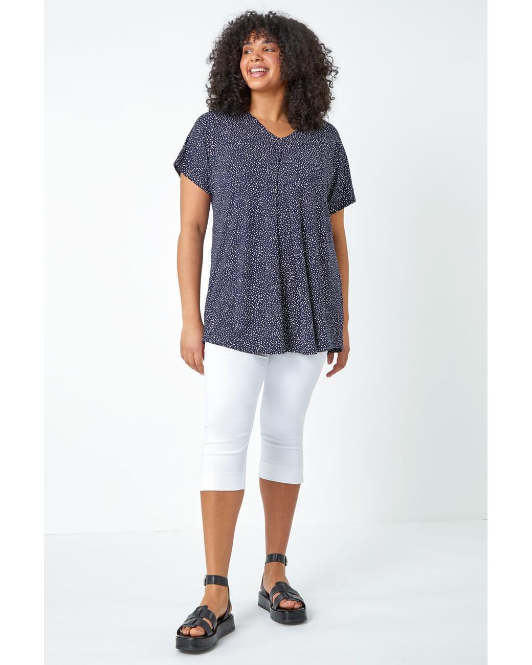 Roman Curve Blue Ditsy Spot Print V-Neck Stretch Top