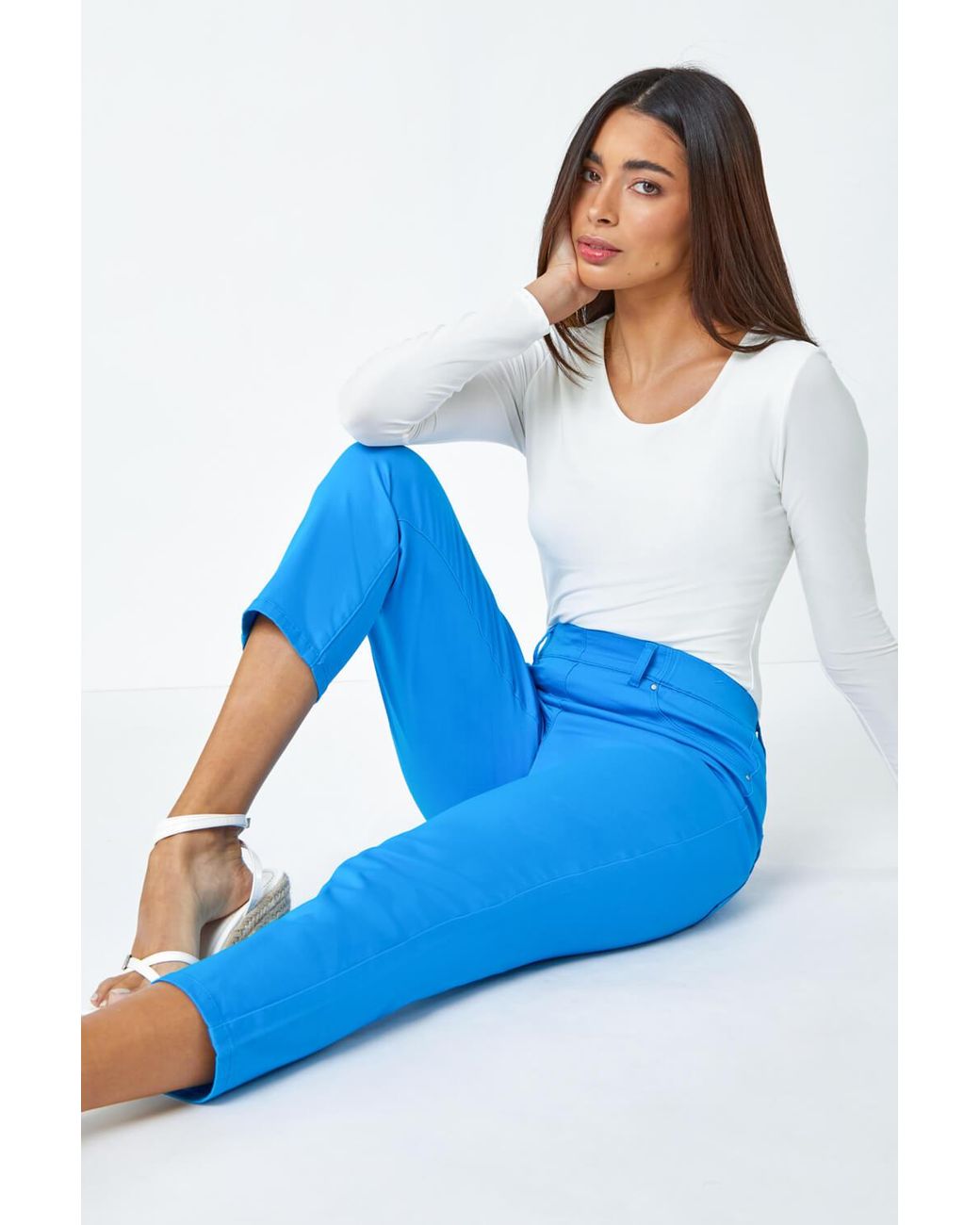 Roman Blue Denim Elastic Waist Stretch Cropped Jegging