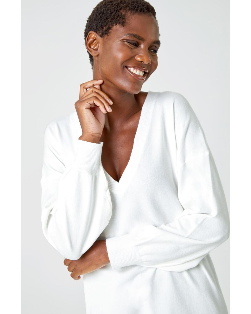 Roman White Plain Stretch V-Neck Jumper