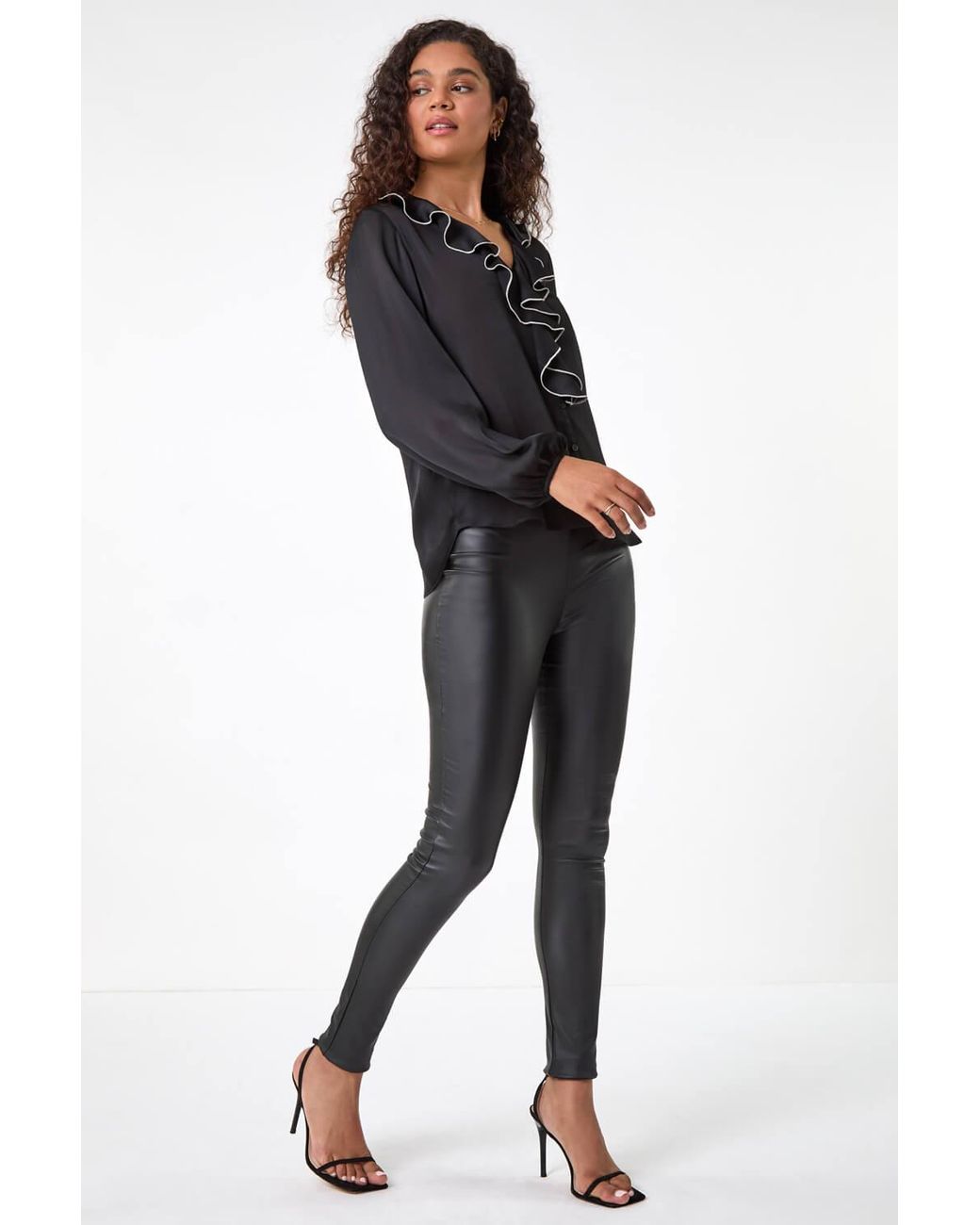Roman Black Ruffle Front V-Neck Satin Blouse