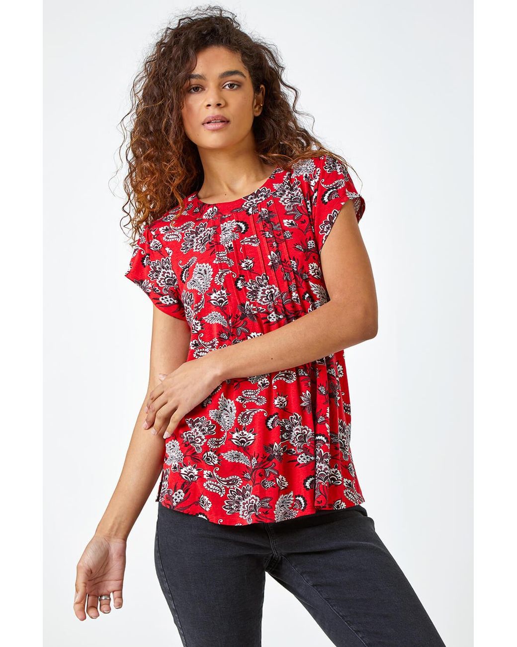 Roman Red Paisley Print Pleat Detail Blouse