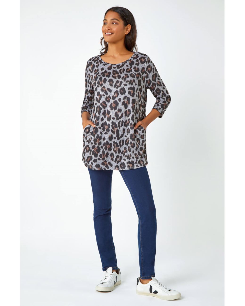Roman Blue Animal Print Pocket Tunic Top With Snood