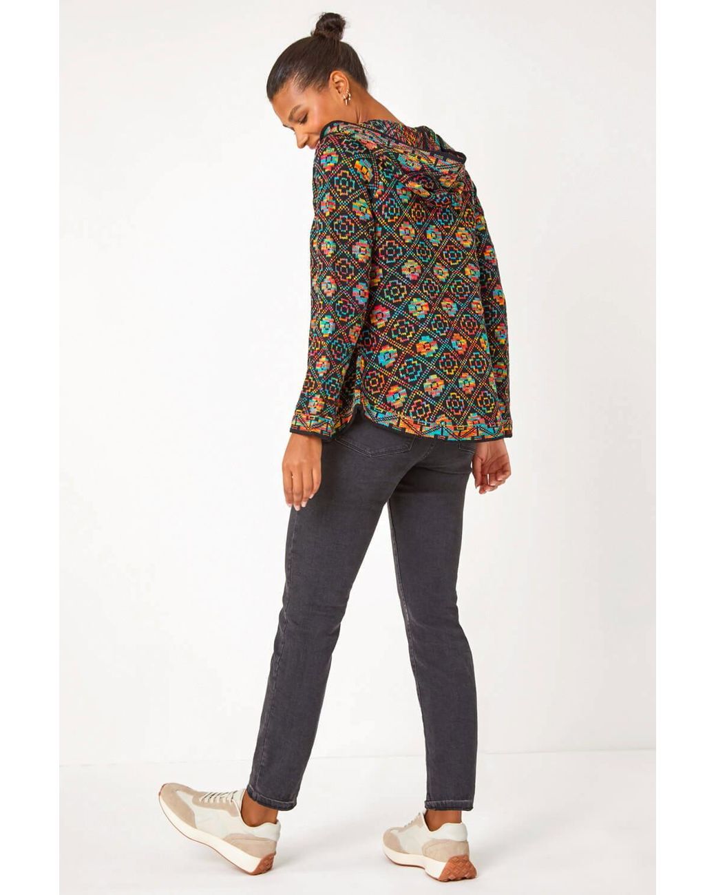 Roman Black Aztec Zip Front Hooded Cardigan