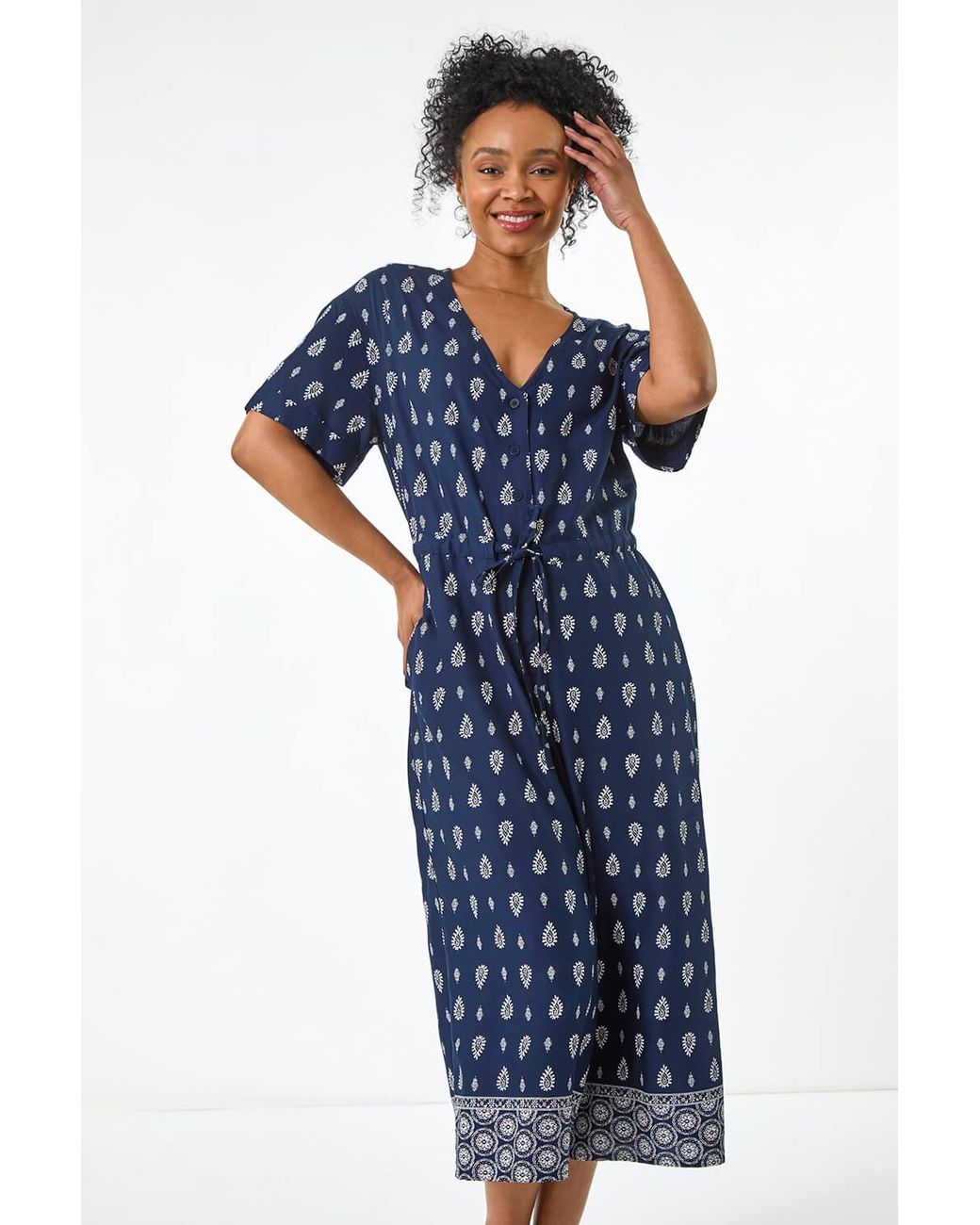 Roman Petite Blue Print V-Neck Cropped Jumpsuit