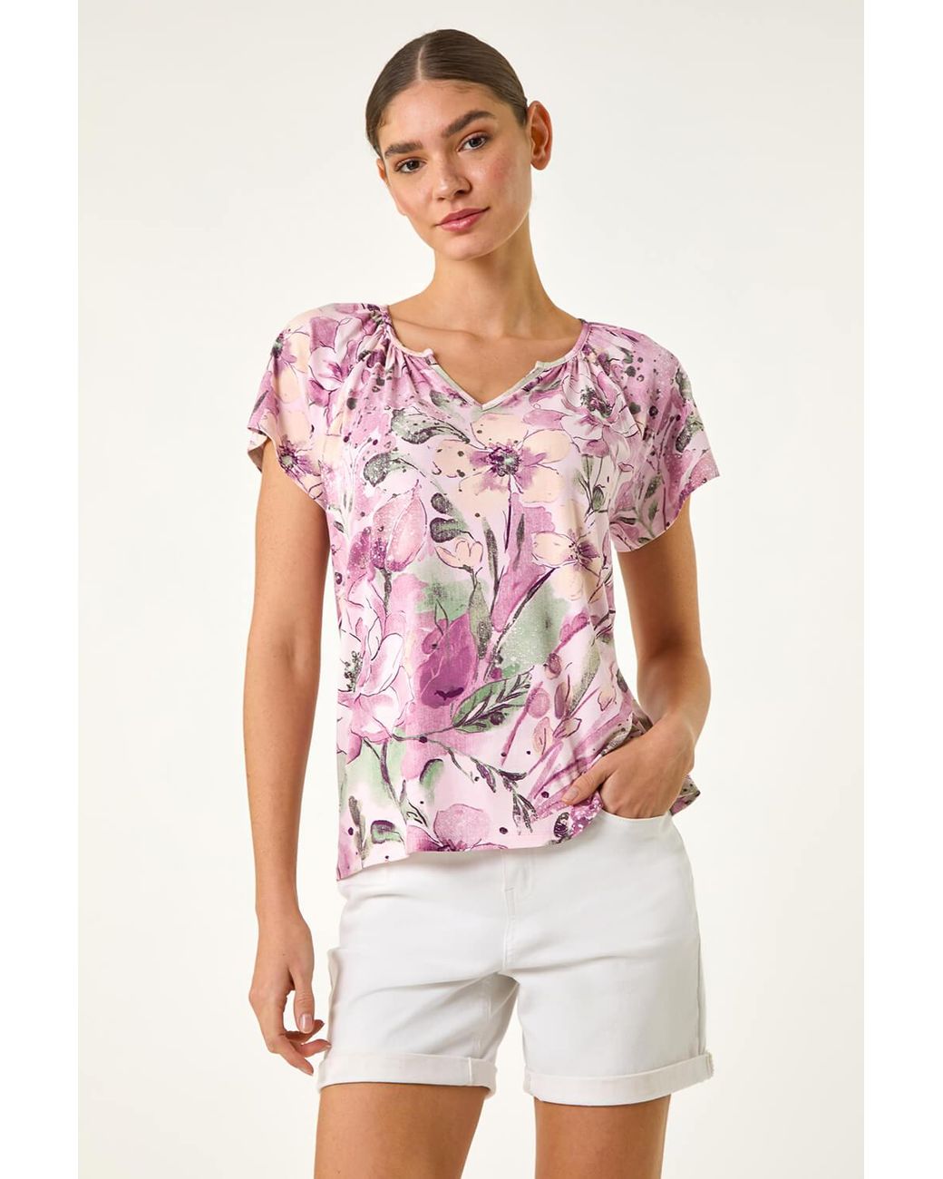 Roman Pink Abstract Floral Print Stretch Top