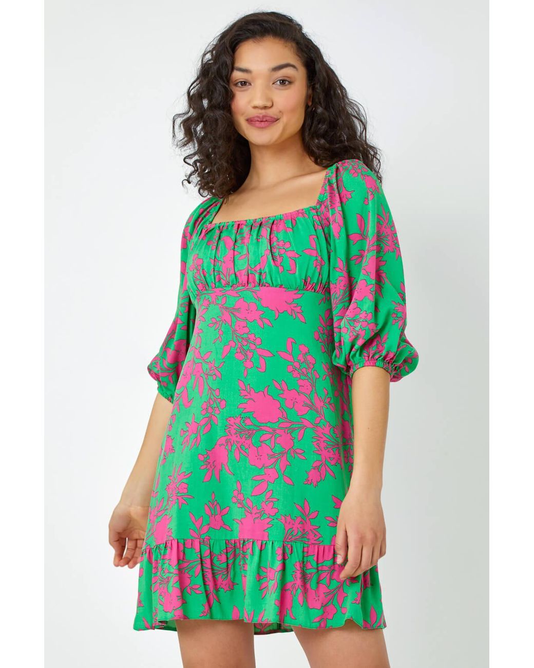 D.u.s.k Green Floral Tie Back Frill Hem Dress