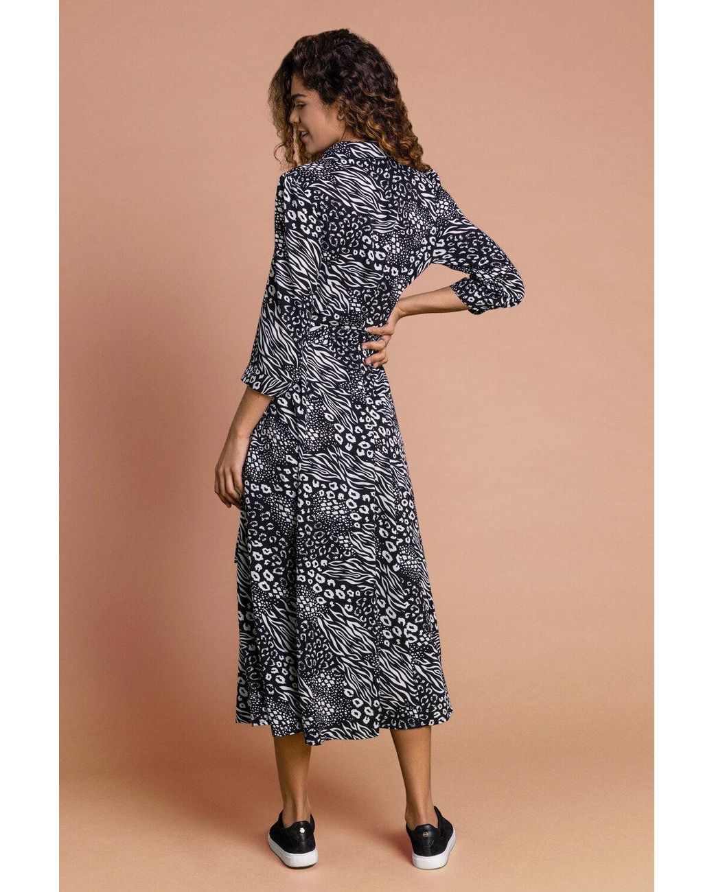 Roman Black Animal Print Belted Shirt Dress