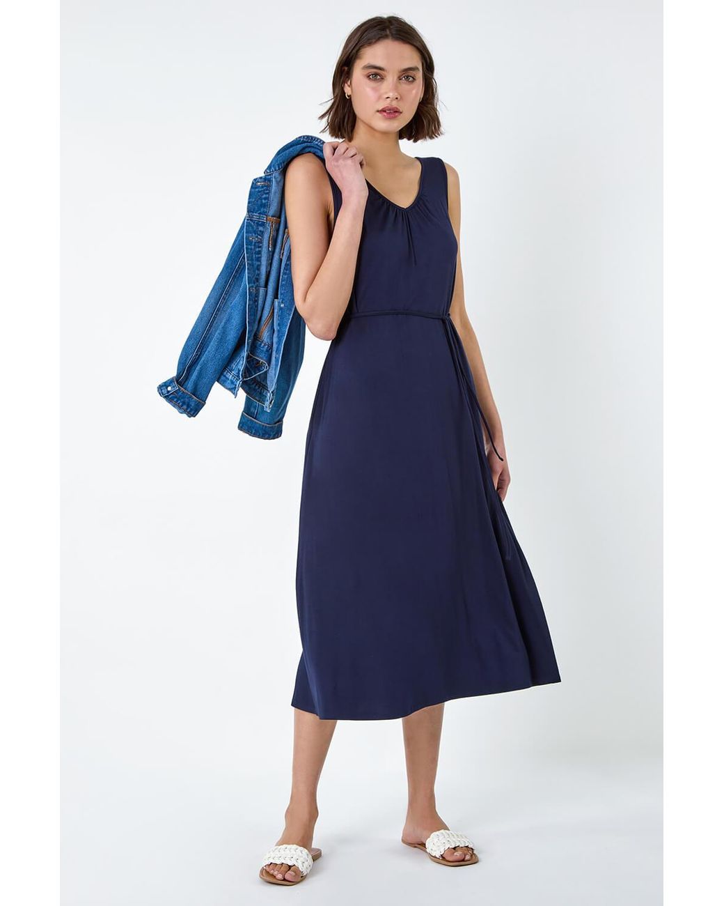 Roman Blue Gathered Tie Detail Stretch Midi Dress